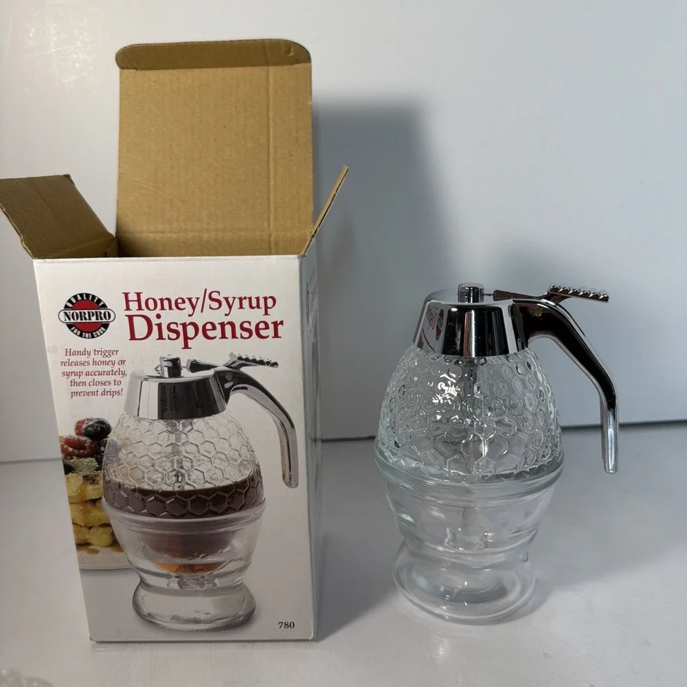 Norpro Honey /Syrup Dispenser Glass Bee Hive 8 oz jar w/sliver Trigger & stand